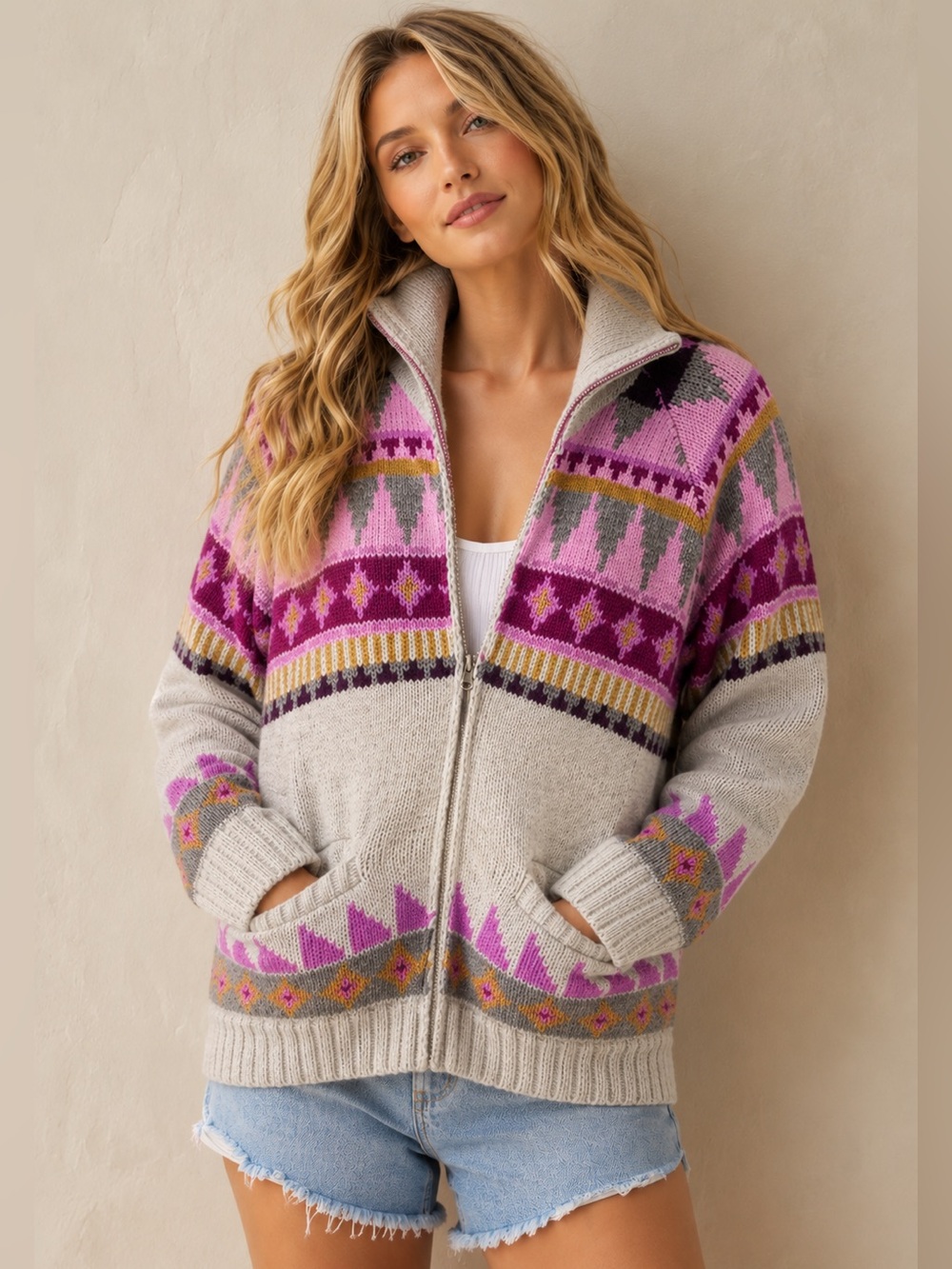 Lost Horizons Nepal Hand Knit Fair Isle Zip Cardigan Sweater M/M Pink Gray